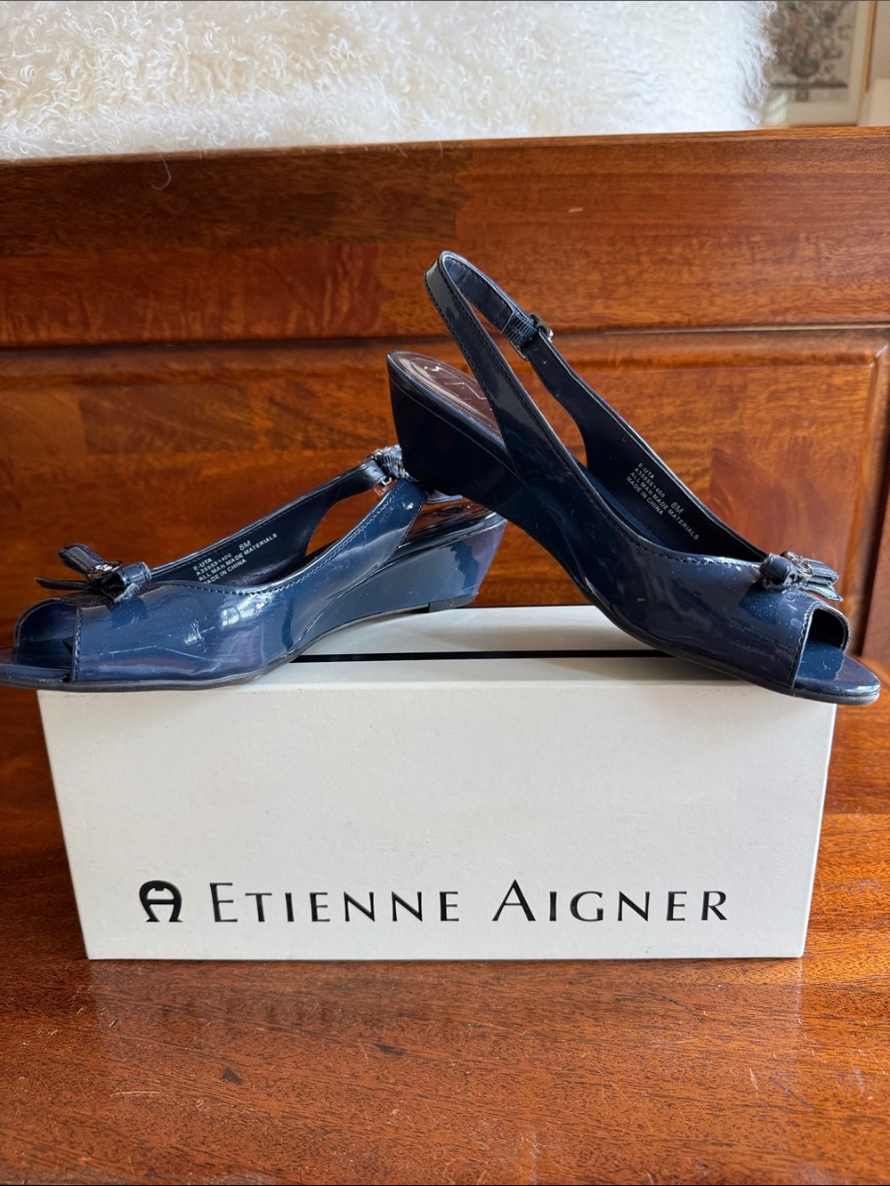 Etienne Aigner Navy Patent Peep-Toe Slingback Wedges with Bow